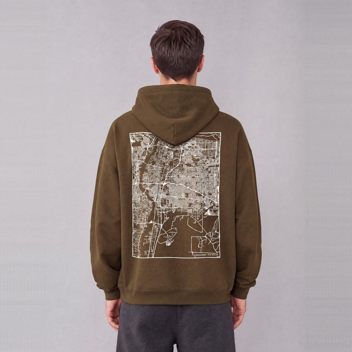 Albuquerque map hoodie, back print on model - Coffee