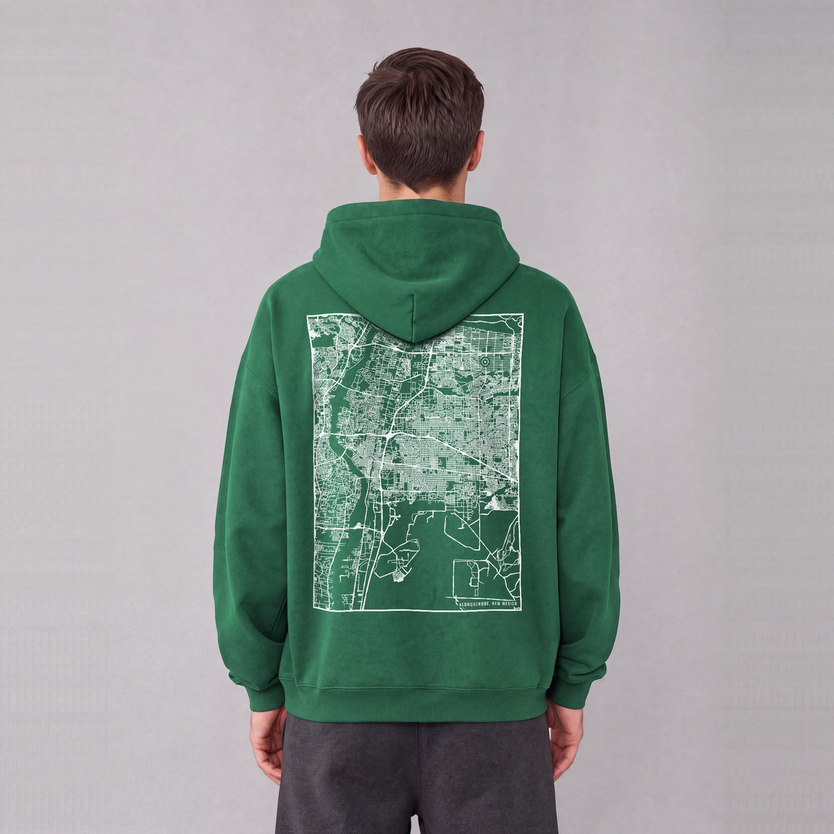 Albuquerque map hoodie, back print on model - Eden Green