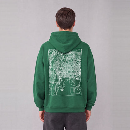 Albuquerque map hoodie, back print on model - Eden Green