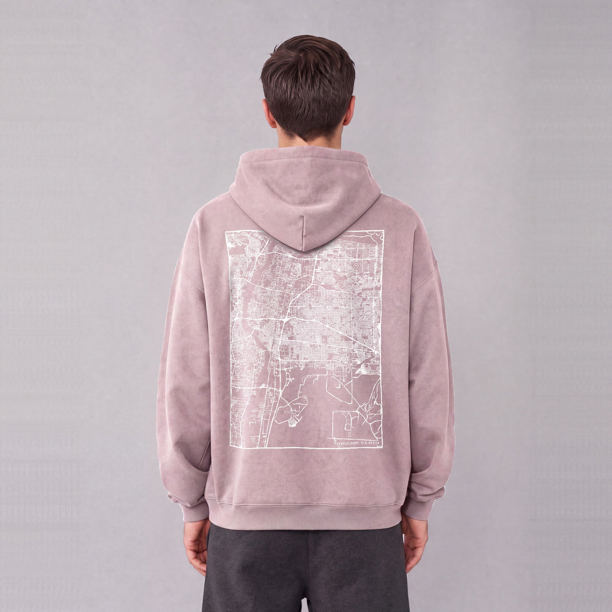 Albuquerque map hoodie, back print on model - Mauve