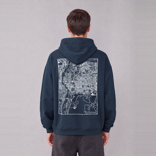Albuquerque map hoodie, back print on model - Navy Blue