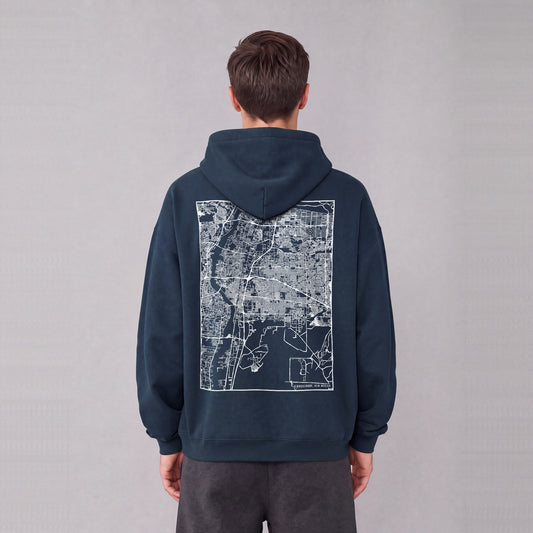 Albuquerque map hoodie, back print on model - Navy Blue