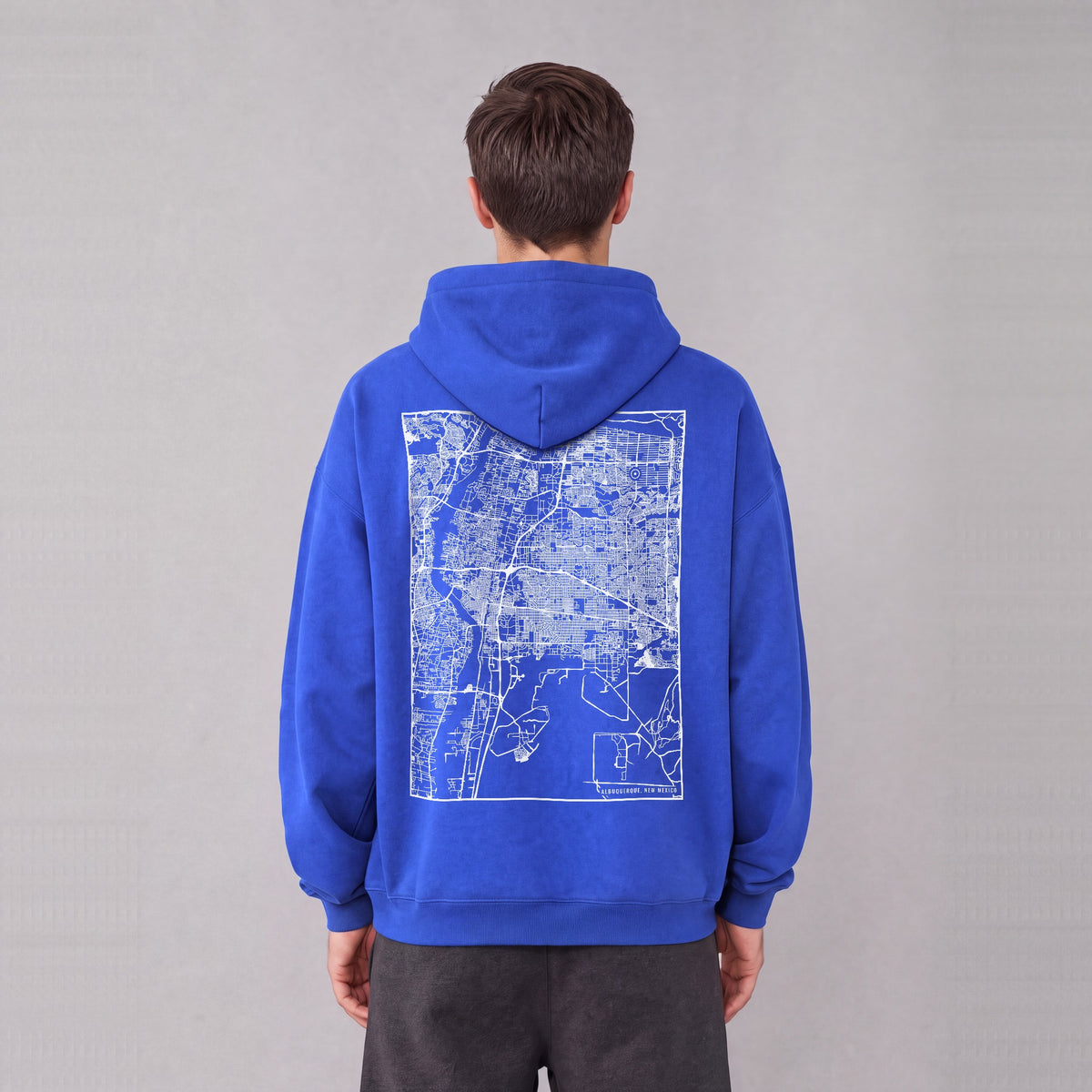 Albuquerque map hoodie, back print on model - Royal Blue