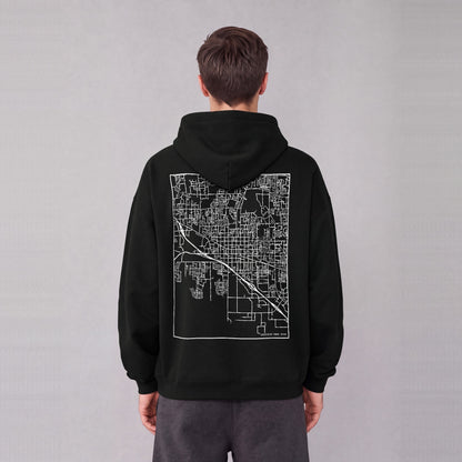 American Fork map hoodie, back print on model - Black