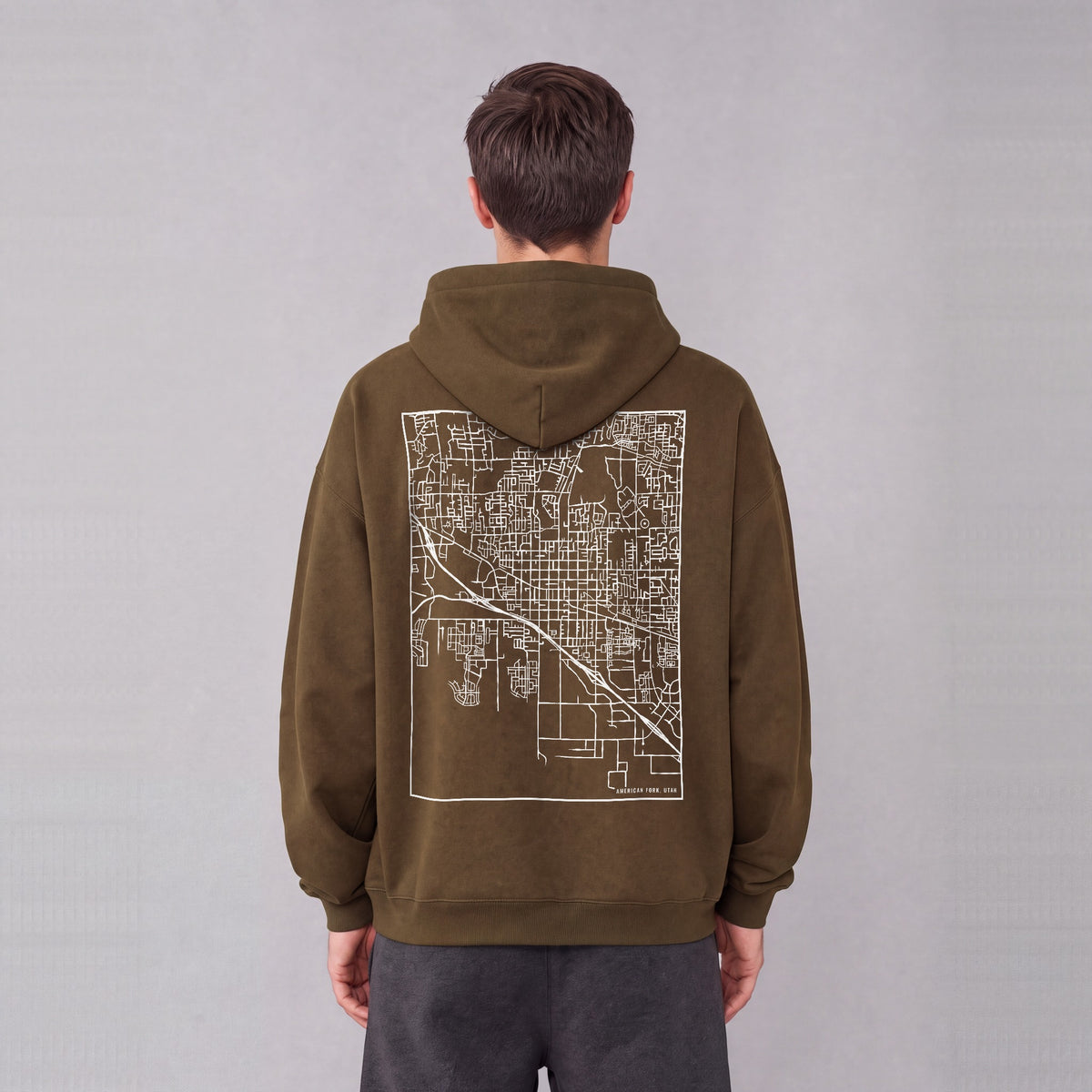 American Fork map hoodie, back print on model - Coffee