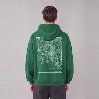 American Fork map hoodie, back print on model - Eden Green