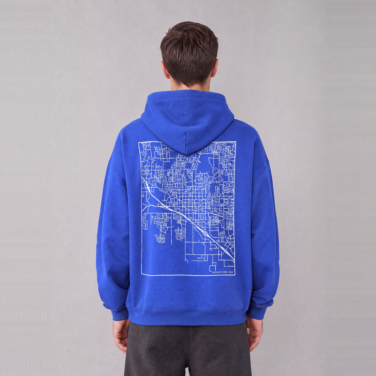 American Fork map hoodie, back print on model - Royal Blue