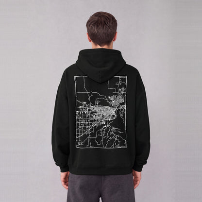 Billings map hoodie, back print on model - Black