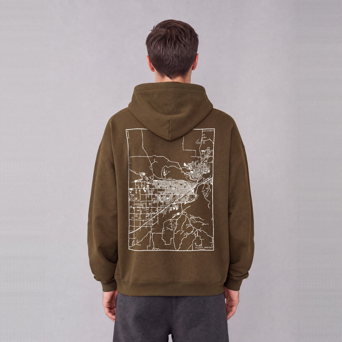 Billings map hoodie, back print on model - Coffee