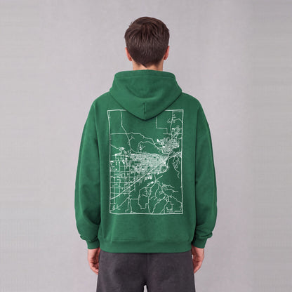 Billings map hoodie, back print on model - Eden Green