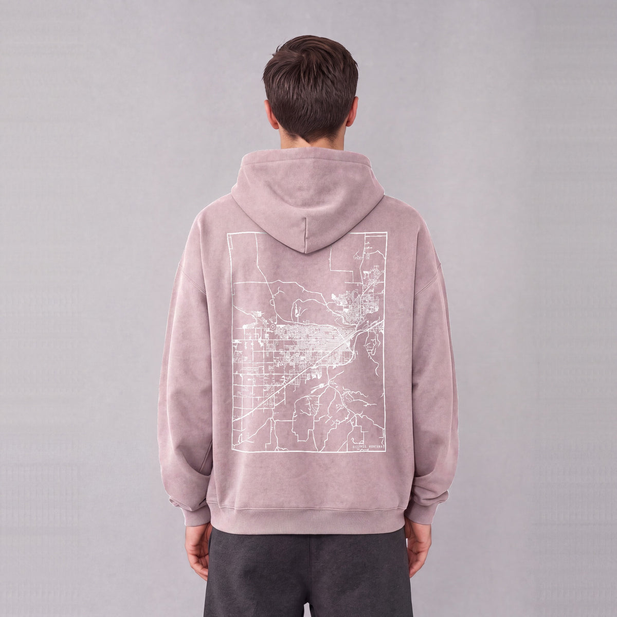 Billings map hoodie, back print on model - Mauve