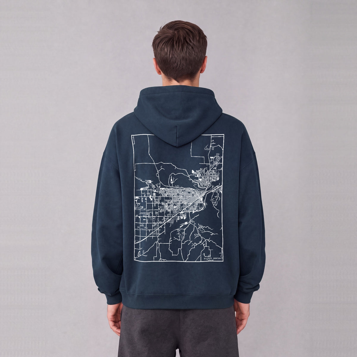 Billings map hoodie, back print on model - Navy Blue