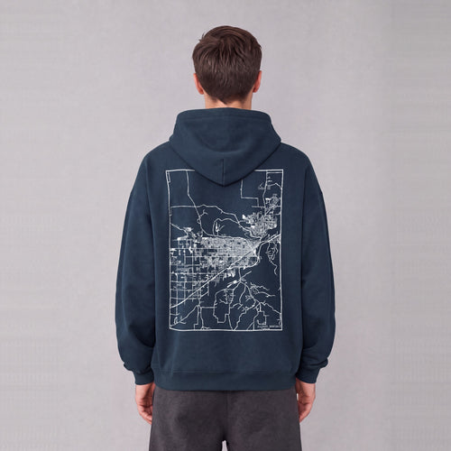 Billings map hoodie, back print on model - Navy Blue