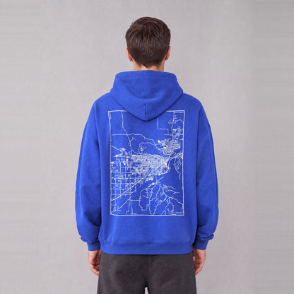 Billings map hoodie, back print on model - Royal Blue
