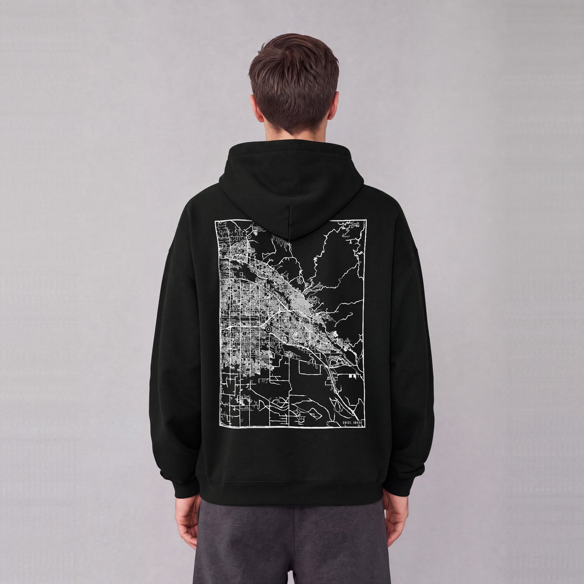 Boise map hoodie, back print on model - Black
