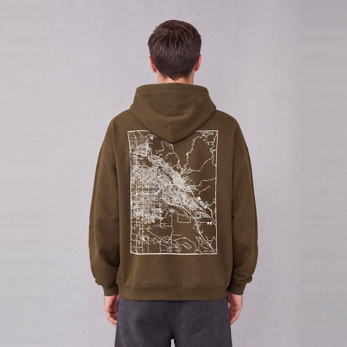 Boise map hoodie, back print on model - Coffee