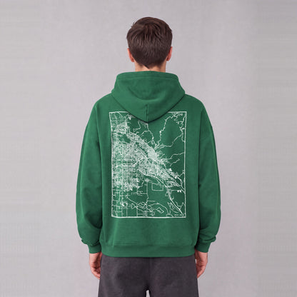 Boise map hoodie, back print on model - Eden Green