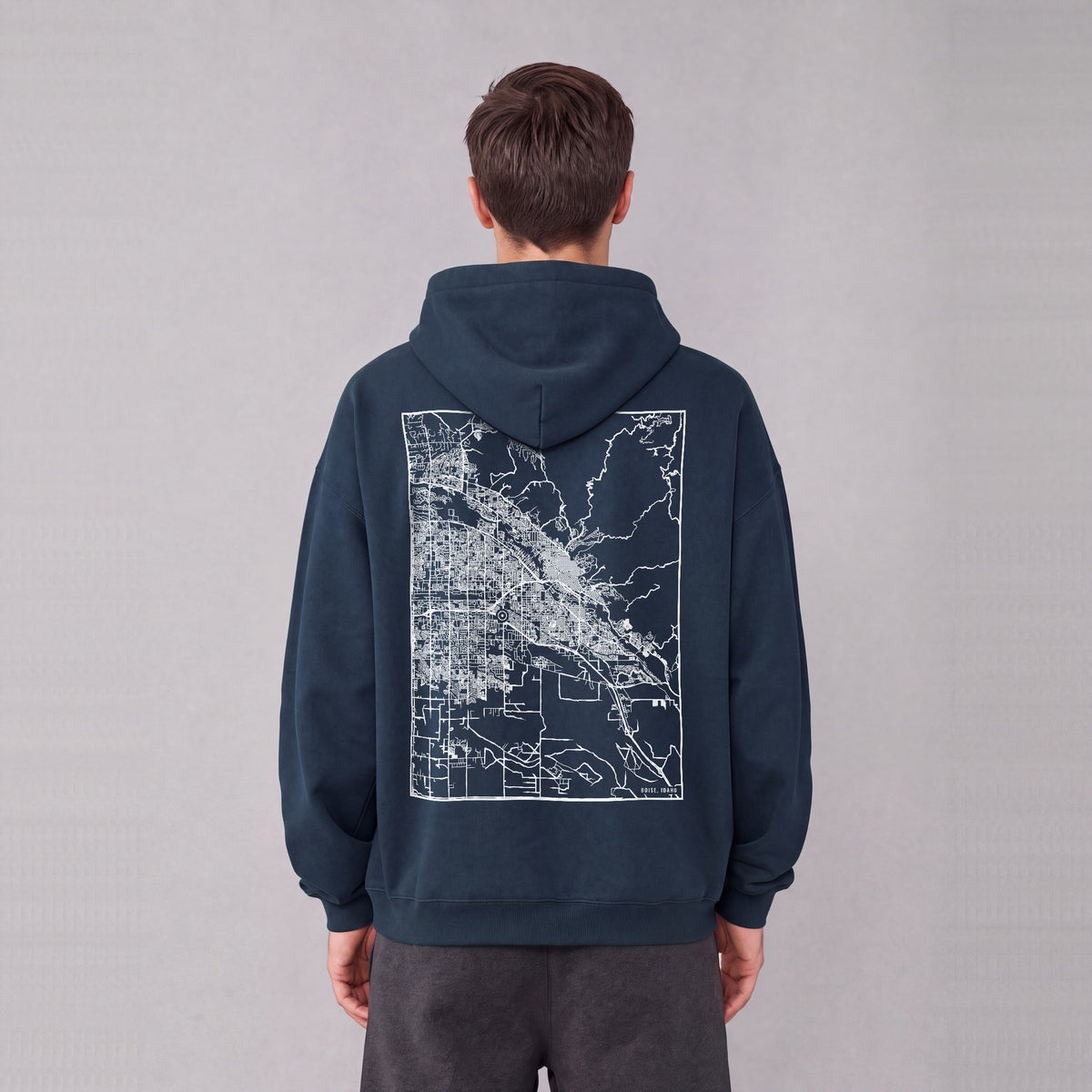 Boise map hoodie, back print on model - Navy Blue