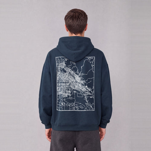Boise map hoodie, back print on model - Navy Blue