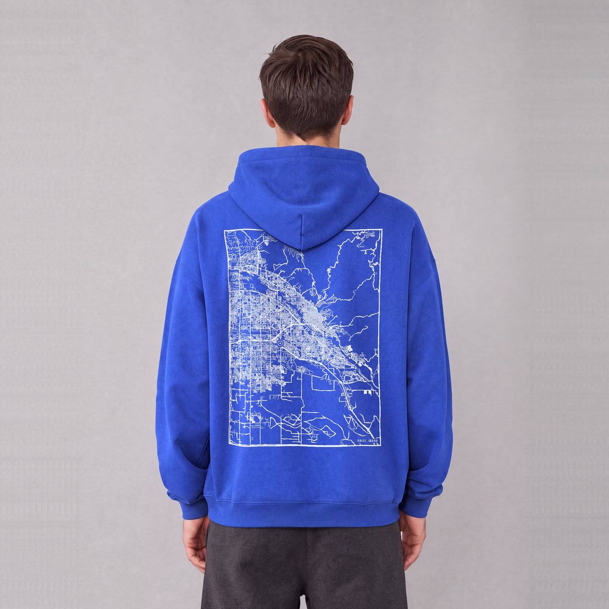 Boise map hoodie, back print on model - Royal Blue