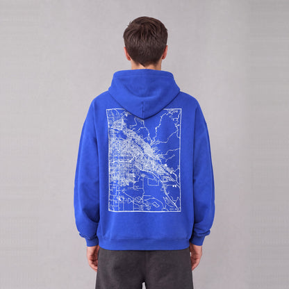 Boise map hoodie, back print on model - Royal Blue