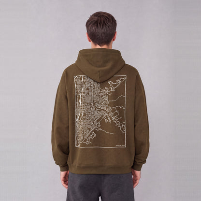 Bountiful map hoodie, back print on model - Coffee