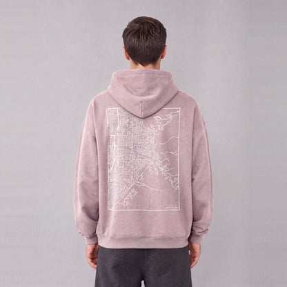 Bountiful map hoodie, back print on model - Mauve