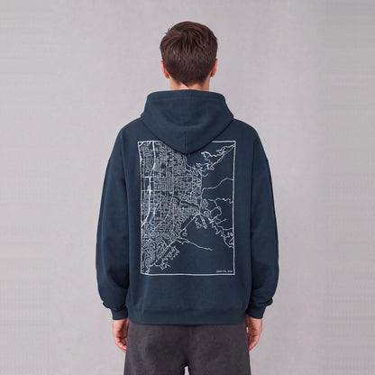 Bountiful map hoodie, back print on model - Navy Blue