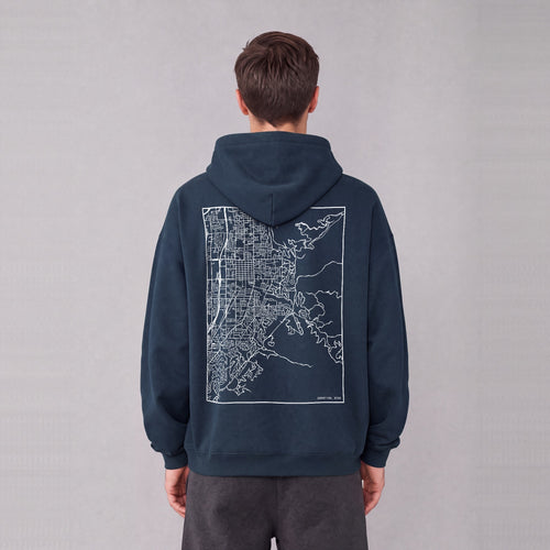 Bountiful map hoodie, back print on model - Navy Blue