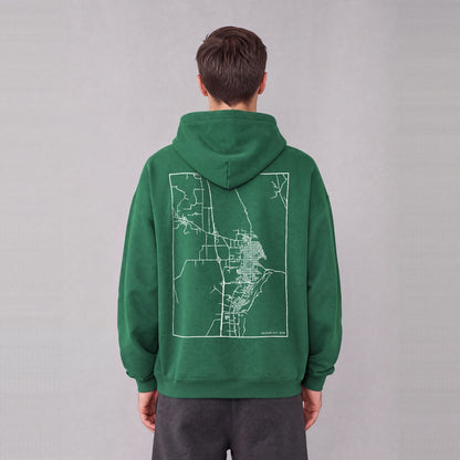 Brigham City map hoodie, back print on model - Eden Green