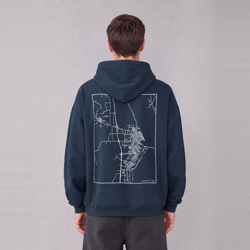 Brigham City map hoodie, back print on model - Navy Blue