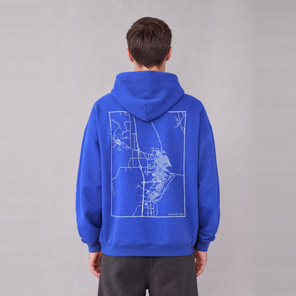 Brigham City map hoodie, back print on model - Royal Blue