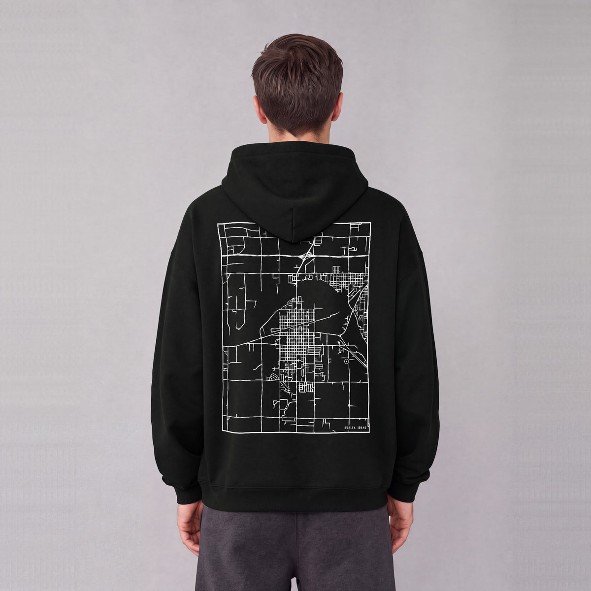 Burley map hoodie, back print on model - Black