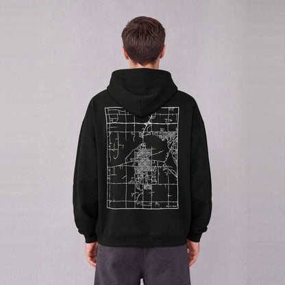 Burley map hoodie, back print on model - Black