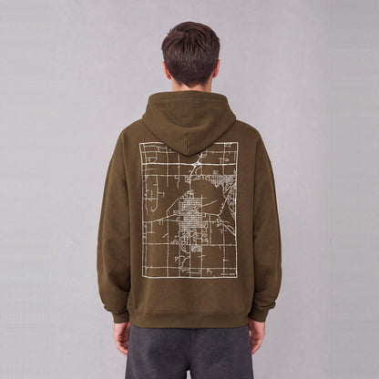 Burley map hoodie, back print on model - Coffee