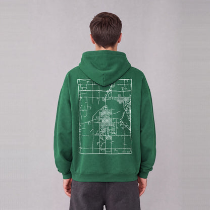 Burley map hoodie, back print on model - Eden Green