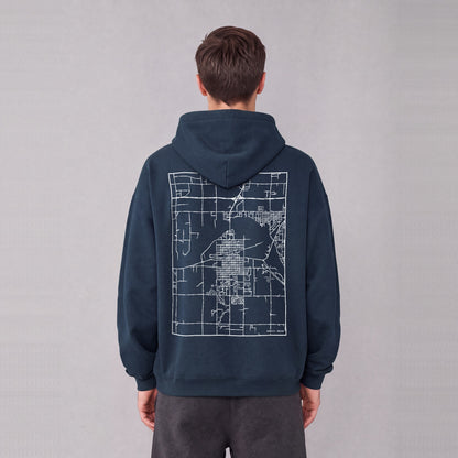 Burley map hoodie, back print on model - Navy Blue