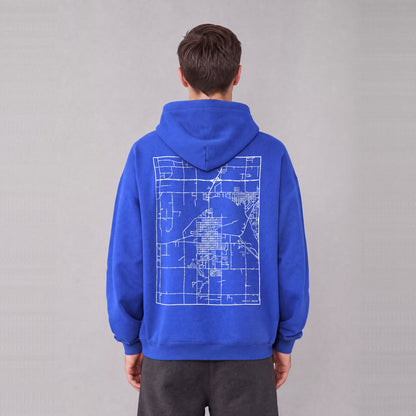 Burley map hoodie, back print on model - Royal Blue