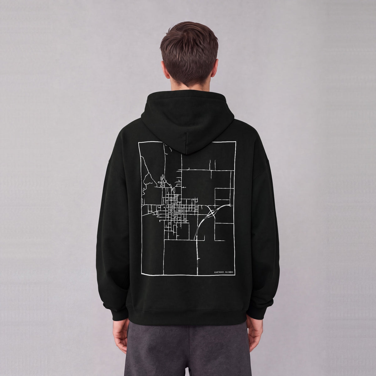 Carthage map hoodie, back print on model - Black