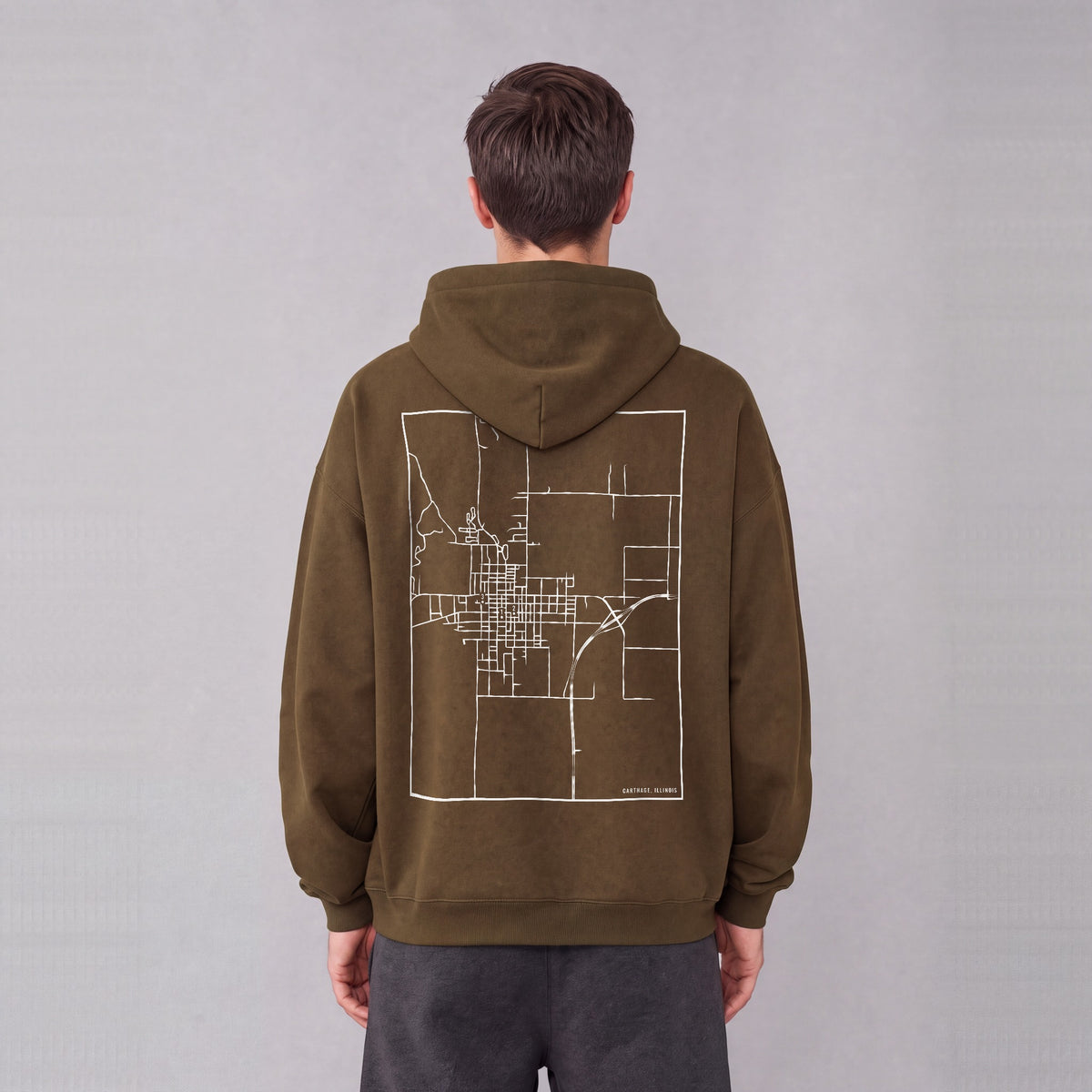 Carthage map hoodie, back print on model - Coffee