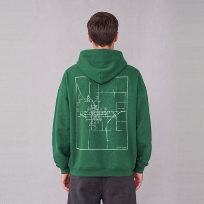 Carthage map hoodie, back print on model - Eden Green