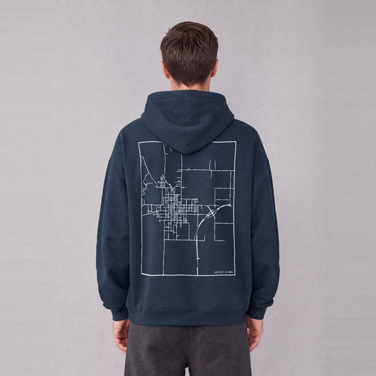 Carthage map hoodie, back print on model - Navy Blue