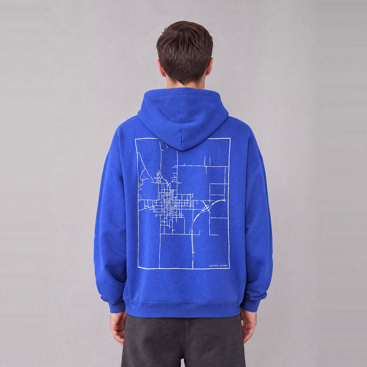 Carthage map hoodie, back print on model - Royal Blue