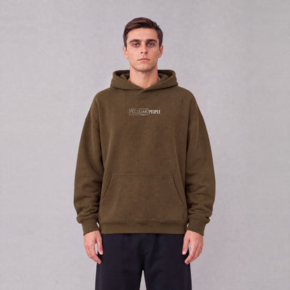 Cedar City map hoodie, front logo on model - Coffee
