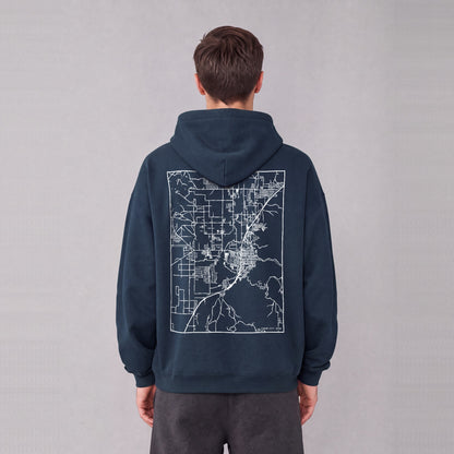 Cedar City map hoodie, back print on model - Navy Blue