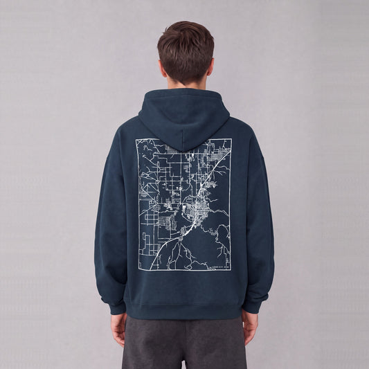 Cedar City map hoodie, back print on model - Navy Blue