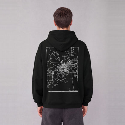 Cody map hoodie, back print on model - Black