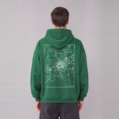 Cody map hoodie, back print on model - Eden Green