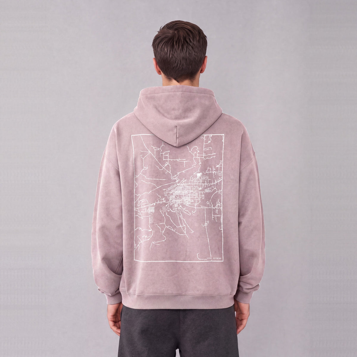 Cody map hoodie, back print on model - Mauve