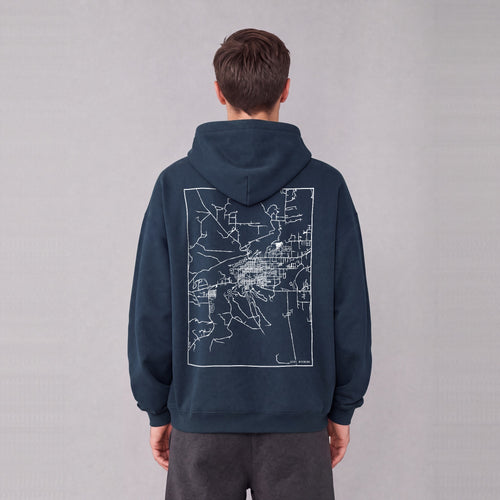 Cody map hoodie, back print on model - Navy Blue